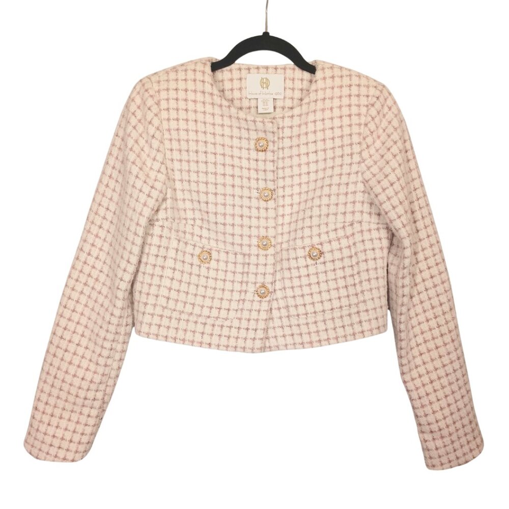 HOUSE OF HARLOW 1960 Tweed Jacket Cream Pink Plaid Long Sleeve Jacket X-Small